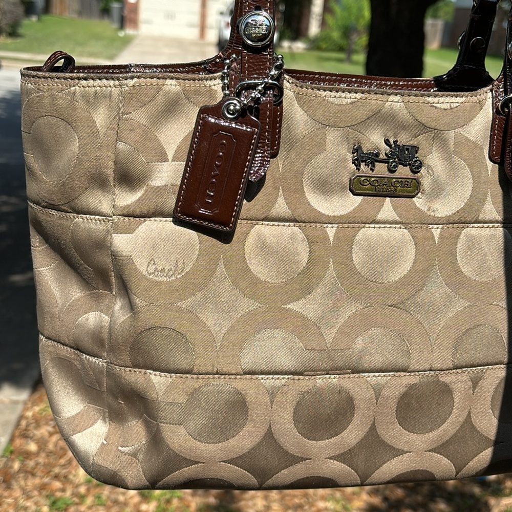 Coach Canvas Leather Tote Madison Tribeca Op Art Small Gold Tan Brown Pink Satin